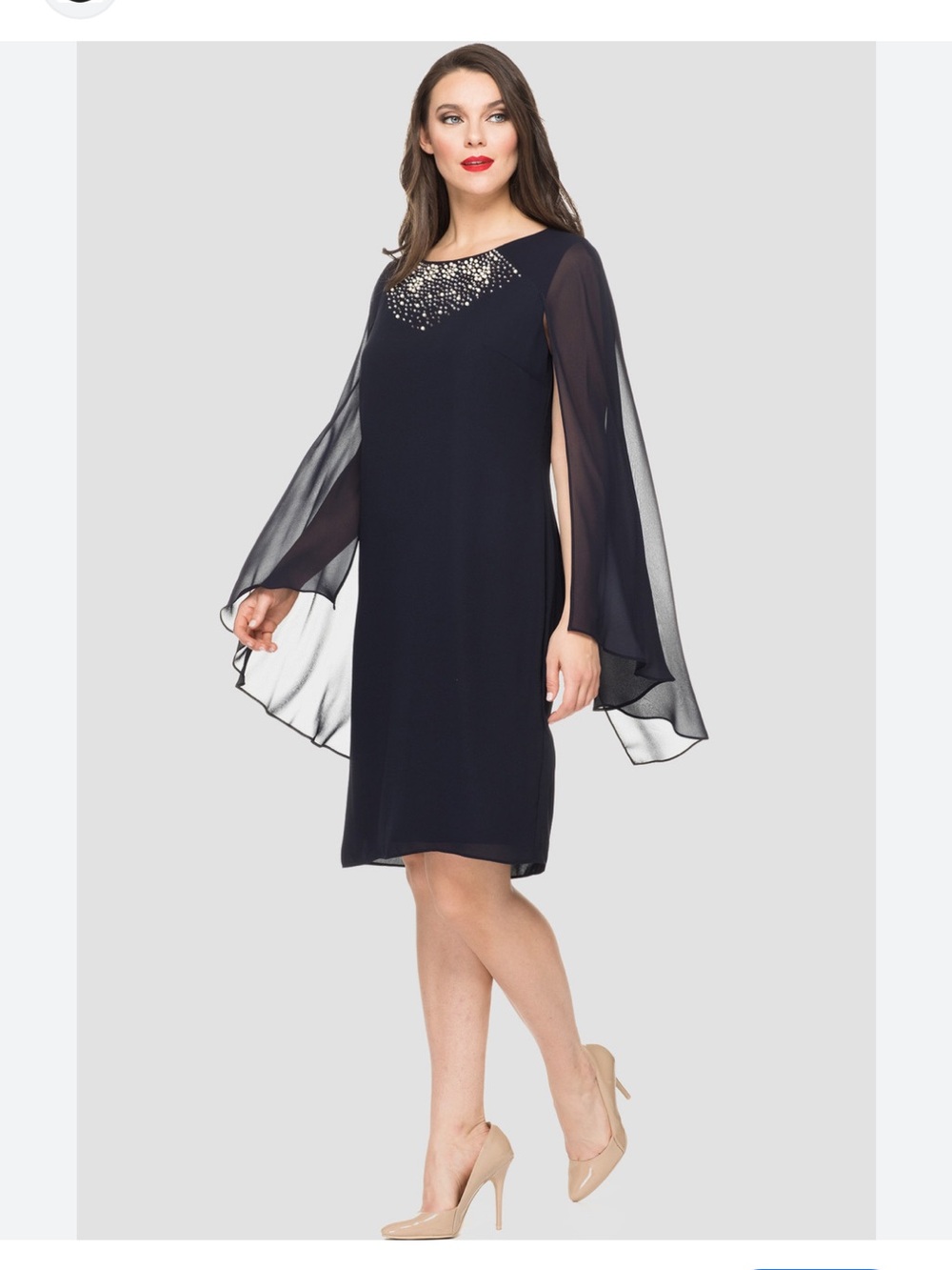 Joseph Ribkoff Navy Chiffon Cape-Sleeve Midi Dress with Beaded Yoke size 8